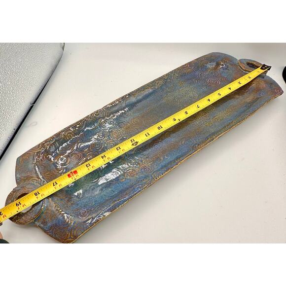 Handmade Raku-Style Ceramic Platter — Iridescent Blue & Copper Swirl Pattern - Picture 7 of 12